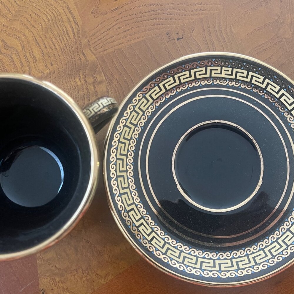 24K Gold TEACUP & SAUCER Hand Made Greece Greek Mythology Prints Gold Black - Picture 4 of 8